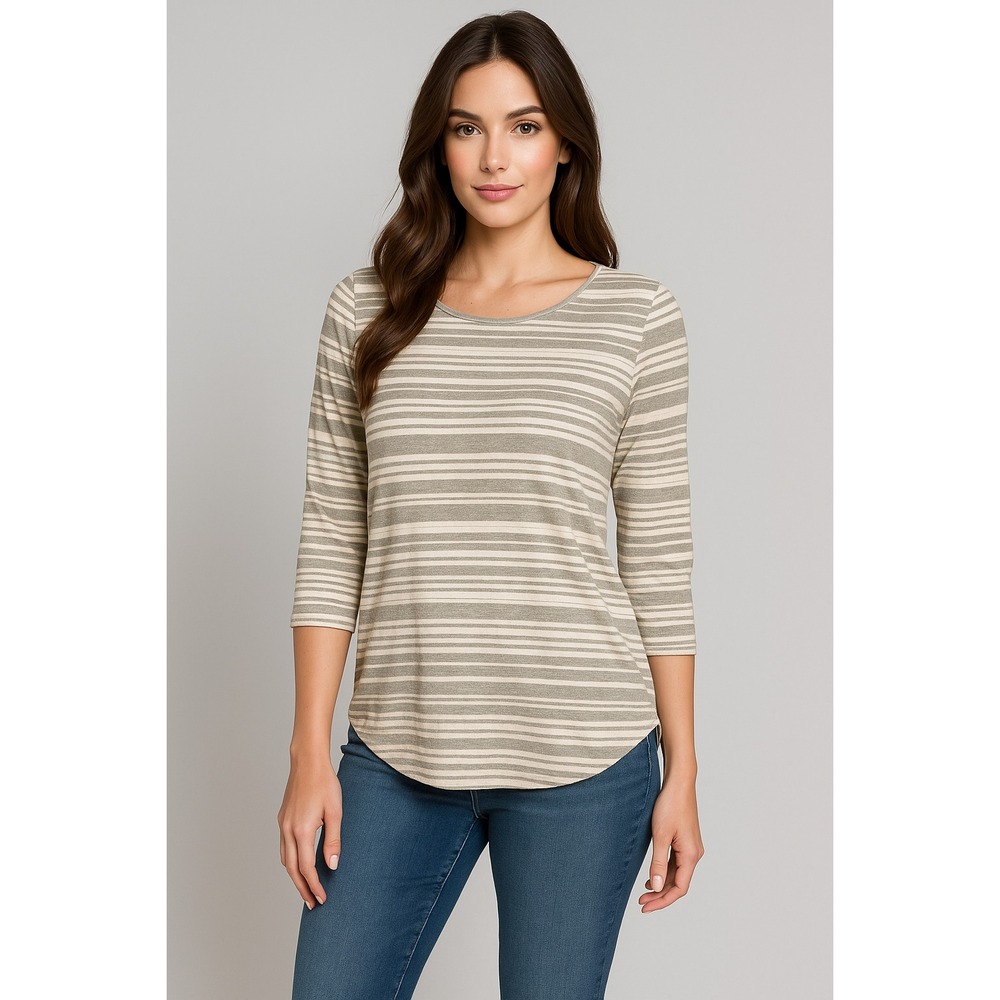 Rose Olive Top Womens Plus Size 1X‎ Gray White Striped Knit Stretch Soft Comfort